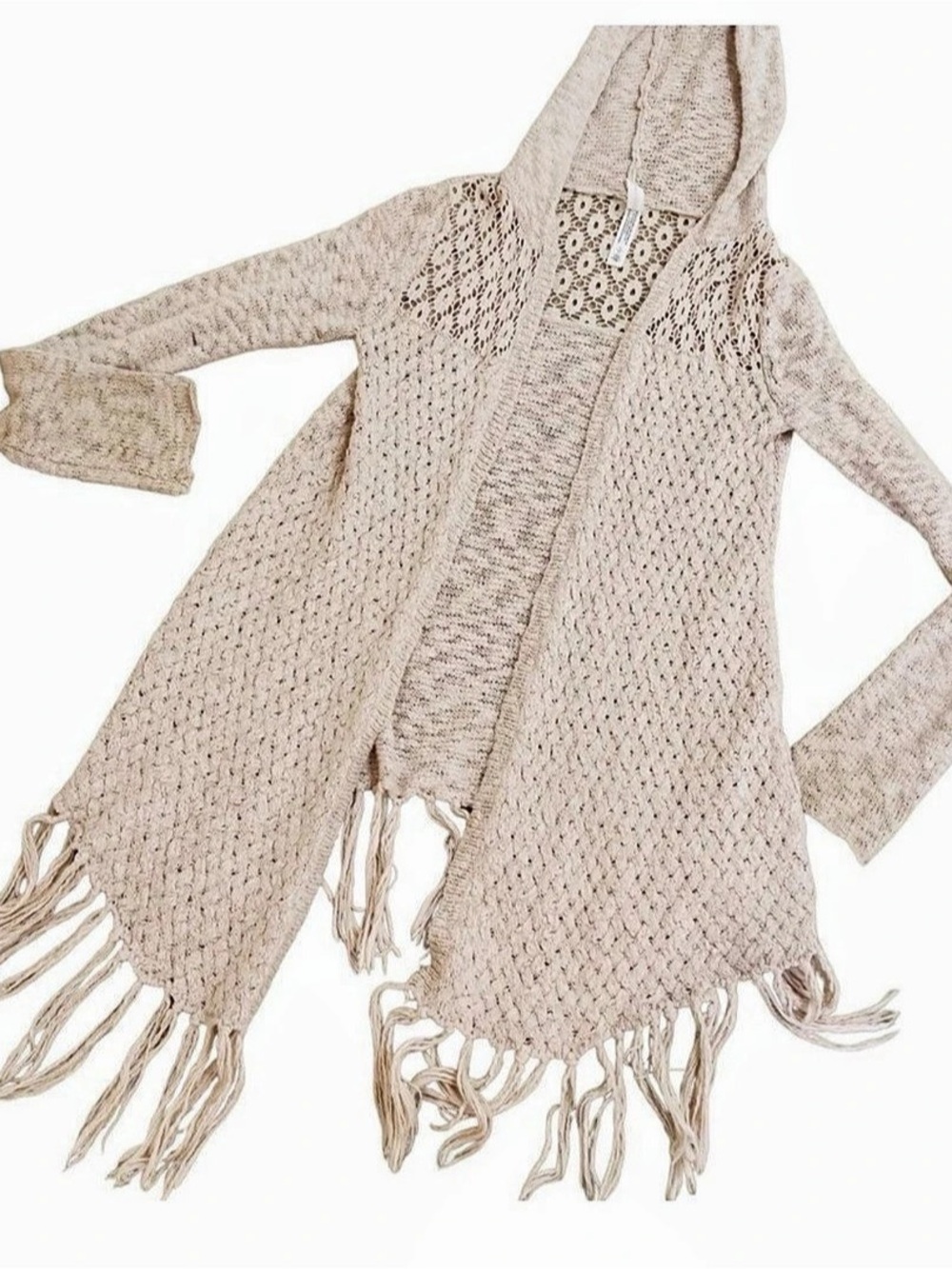 BETHANY MOTA Hooded Fringe Knit boho Cardigan Size Small